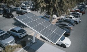 árvore de energia solar em estacionamento com carros